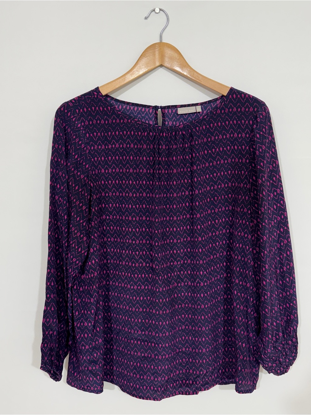 WSH18 {Ellie Kai} Navy Blue Purple 100% Silk Crew Neck Blouse Shirt Top